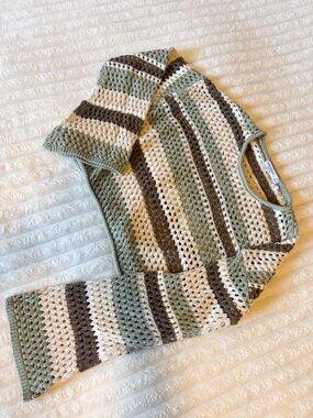 Arizona Jean Co Green Brown Crochet Open Knit Striped Sweater M